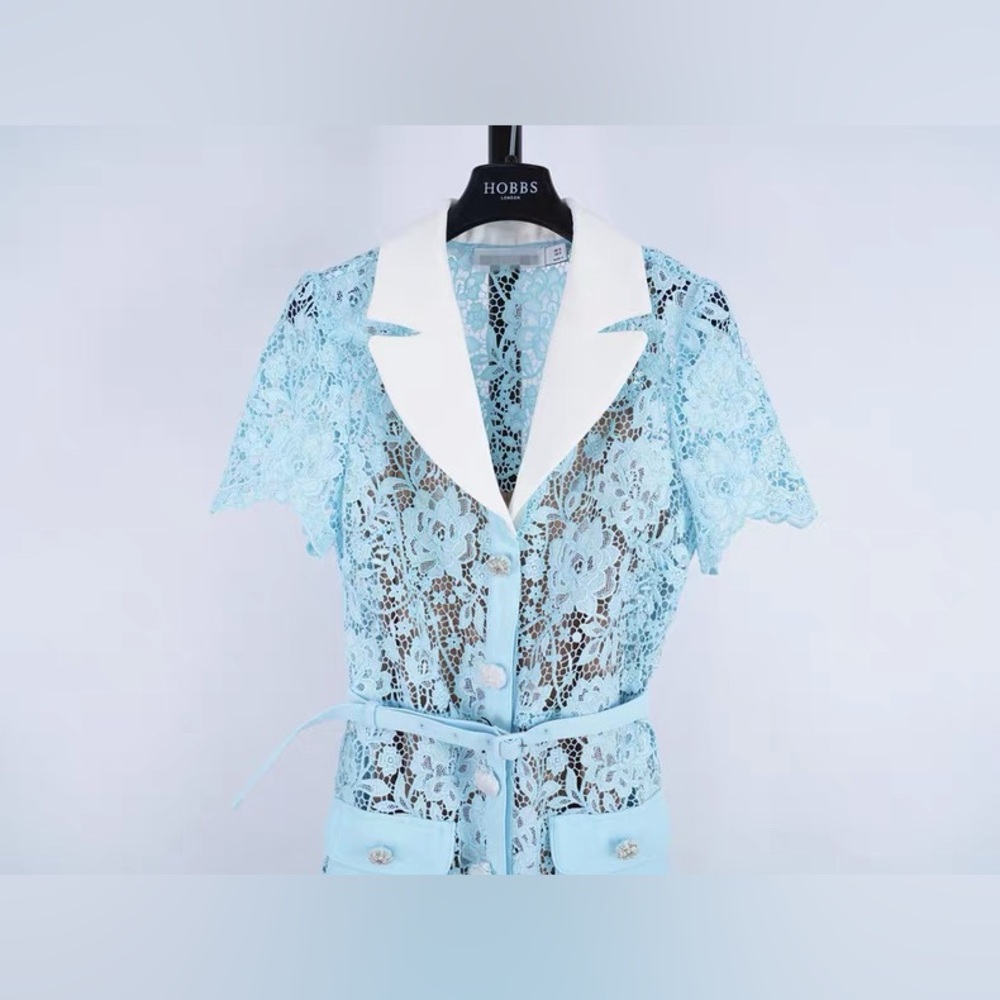 Self-Portrait Blue Lace Embellished Buttons Belted Mini Dress UK8/US4 NWOT - Picture 4 of 11